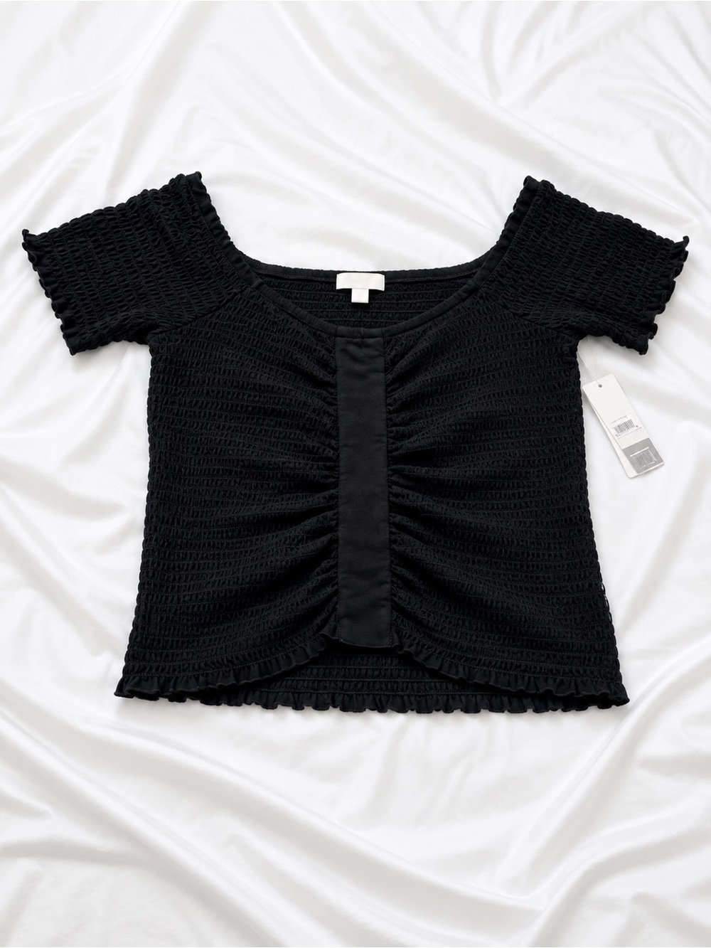 Nordstrom Black Smocked Short Sleeve Ruched Front Crop Top